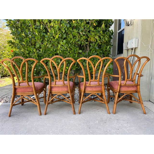 Lexington Furniture Vintage Rattan Fan Back Dining Chairs With Arms — Set of 4 | Palm Beach Regency For Sale - Image 4 of 9