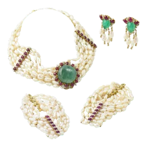 Emerald Ruby Pearl Diamond Gold Necklace Earring and Bracelet Suite - 5 Pieces