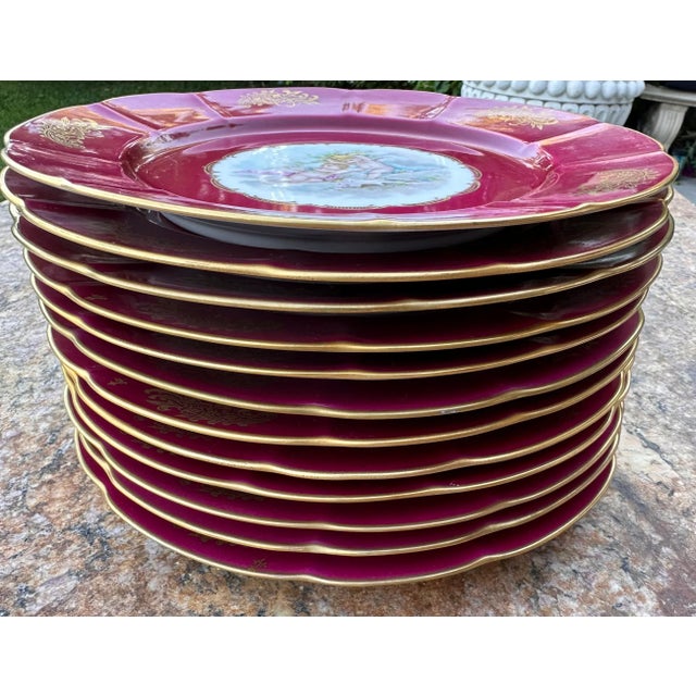 Vintage Set of 12 French Hand Painted Cherubs Gold Gilt Red Porcelain Dinner Plates For Sale - Image 10 of 12