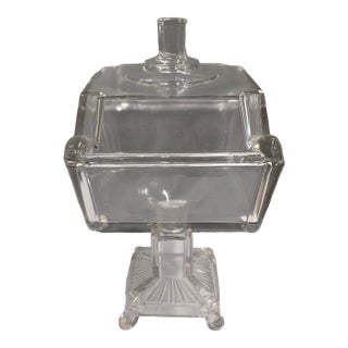 Vintage Square Glass Footed Compote With Lid / 1880 Adams & Co. For Sale