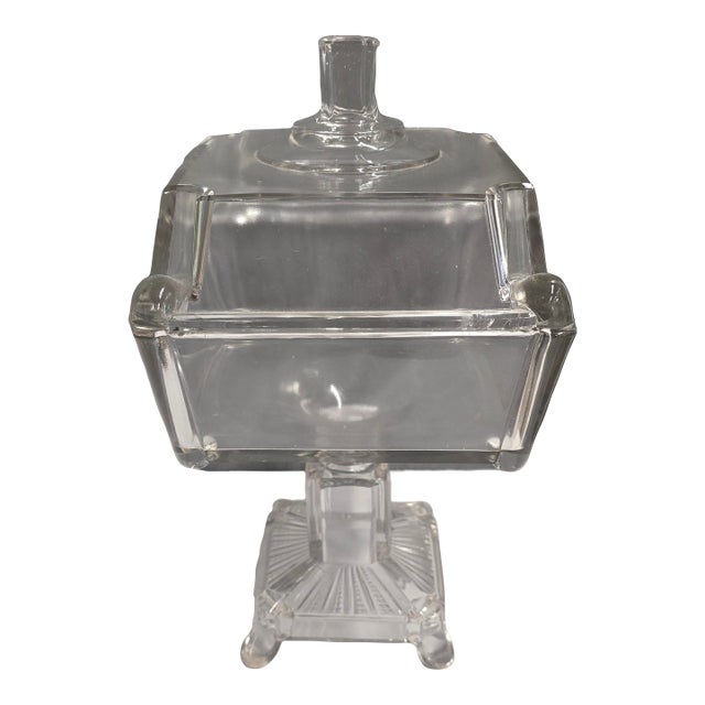 Vintage Square Glass Footed Compote With Lid / 1880 Adams & Co. For Sale