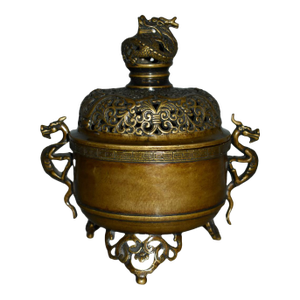 Antique Signed Bronze Two Piece Incense Burner W/Dragon Motif