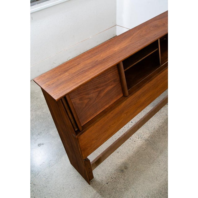 1960s Mid Century Danish Modern Headboard King Bed Frame Walnut Sliding Doors Storage For Sale - Image 9 of 11