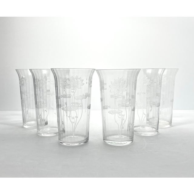 1910s Antique Fostoria Lotus 6 Etched Optic Highball Tumbler Glasses 5 3/8” 12oz Good antique condition. No chips, cracks,...