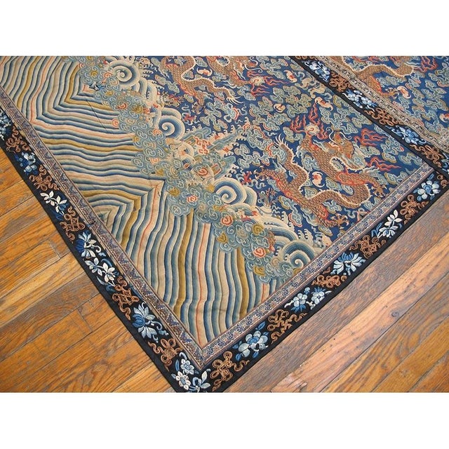 Textile Antique Early 19th Century Blue Chinese Cloud Band Dragon Design Silk Textile For Sale - Image 7 of 9