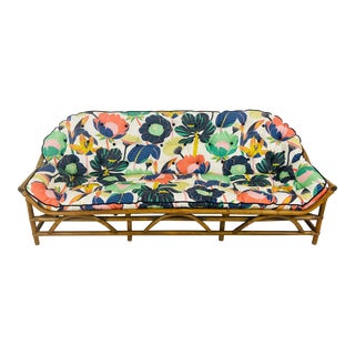 Vintage Rattan Sofa With Vibrant Reupholstered Cushions For Sale