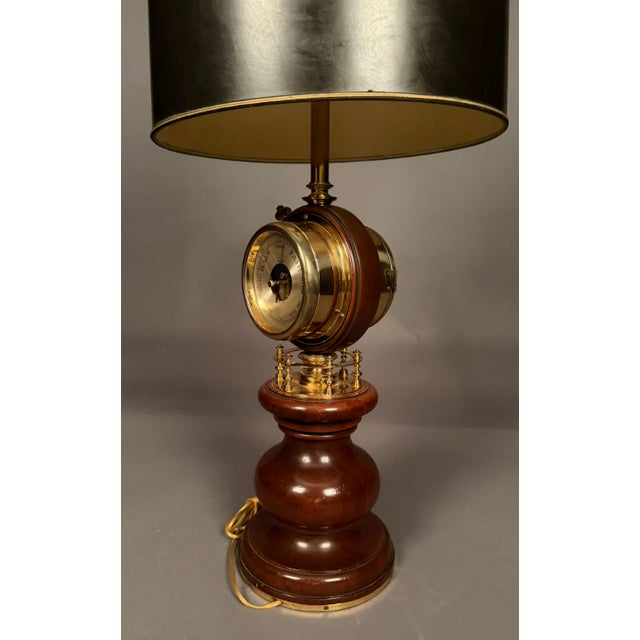 Chestnut Mid 20th Century Large Brass & Mahogany Nautical Desk Lamp With Clock and Barometer Swivel Head For Sale - Image 8 of 15