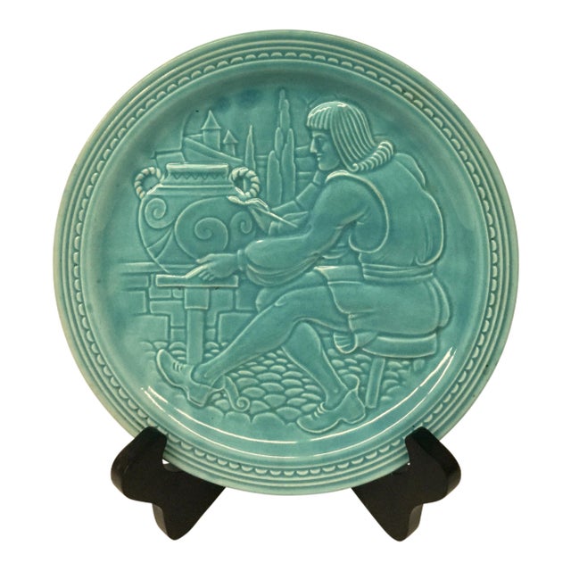 Vintage Aqua Ceramic Plate With Stand For Sale