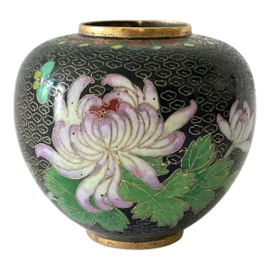 Mid 20th Century Chinese Black Enamel Cloisonné Chrysanthemum Flower Vase