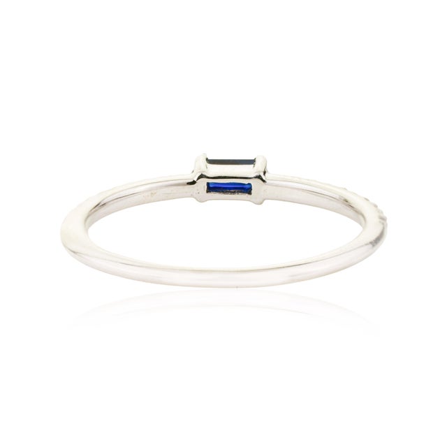 14k Gold Natural Baguette Blue Sapphire Diamond Stacking Thin Band Ring Size 6.5 For Sale - Image 10 of 16