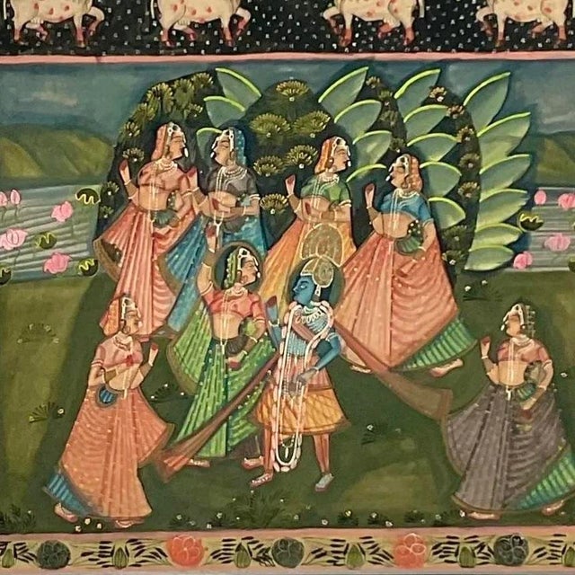 Vintage Indian Pichwai Folk Art Painting on Silk For Sale In West Palm - Image 6 of 14