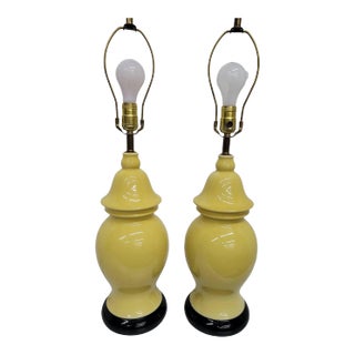 Mid Century Hollywood Regency Yellow Ceramic Ginger Jar Yellow Table Lamps - A Pair For Sale