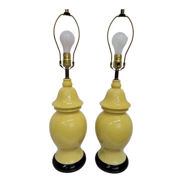 Mid Century Hollywood Regency Yellow Ceramic Ginger Jar Yellow Table Lamps - A Pair For Sale
