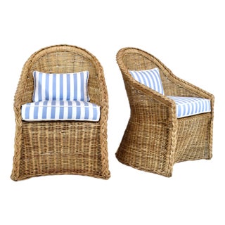 Coastal Braided Wicker Rattan Chairs After Michael Taylor Blue & White Stripes Upholstery For Sale