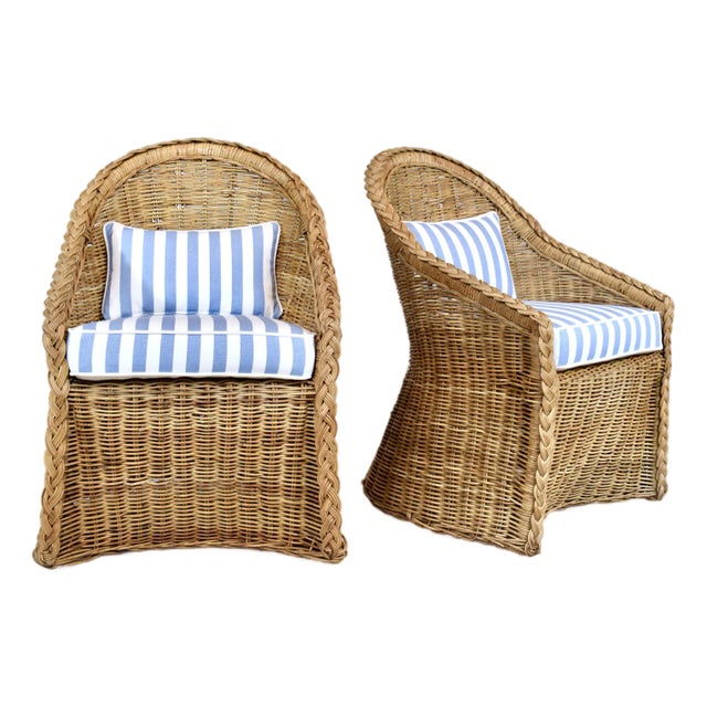 Coastal Braided Wicker Rattan Chairs After Michael Taylor Blue & White Stripes Upholstery For Sale
