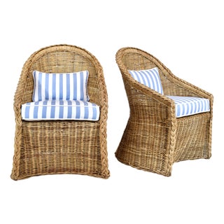 Coastal Braided Wicker Rattan Chairs in Blue & White Linen After Michael Taylor For Sale