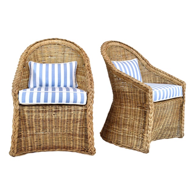 Coastal Braided Wicker Rattan Chairs in Blue & White Linen After Michael Taylor For Sale