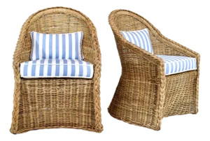 Coastal Braided Wicker Rattan Chairs in Blue & White Linen After Michael Taylor