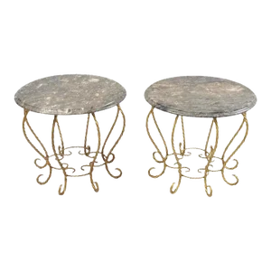 Mid 20th Century Italian Hollywood Regency Gold Gilt Iron Rope Round Marble Top Low Tables - Pair