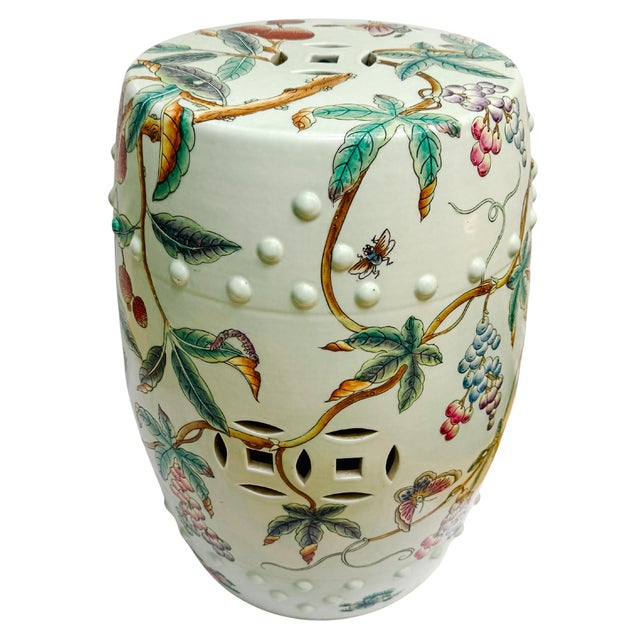 Late 20th Century Vintage Hand-Painted Famille Rose Lychee & Grape Porcelain Garden Stool For Sale - Image 5 of 8