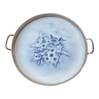 Antique German Theodor Paetsch Porcelain Spritzdekorin Air Brush Lilies Birds Serve Tray For Sale