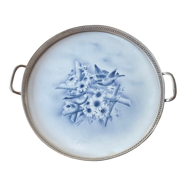 Antique German Theodor Paetsch Porcelain Spritzdekorin Air Brush Lilies Birds Serve Tray For Sale