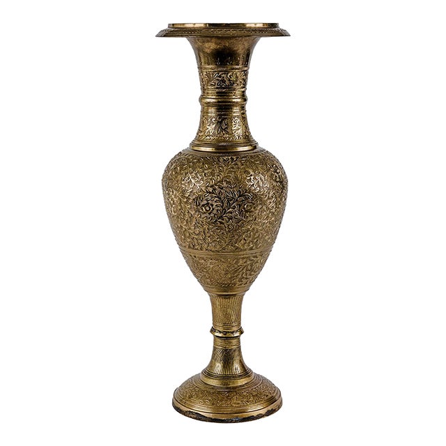 Vintage Mid-Century Indian Nakkashi Etched Brass Vase 18" For Sale