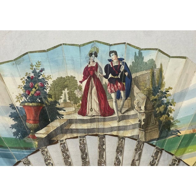 Figurative Antique 19th Century French Hand Painted Figural Sterling Gold Pocket Hand Fan For Sale - Image 3 of 18