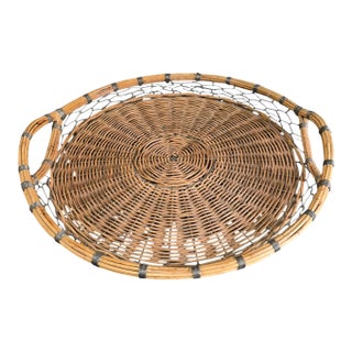 Vintage Country French Wicker Wire Sides Round Handle Tray For Sale