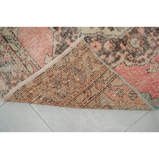 3x12 Vintage Oushak Runner Rug, Faded Salmon Pink and Sage Green Hallway Runner, 1970s Handmade Anatolian Corridor Rug, Kitchen Runner For Sale - Image 12 of 13