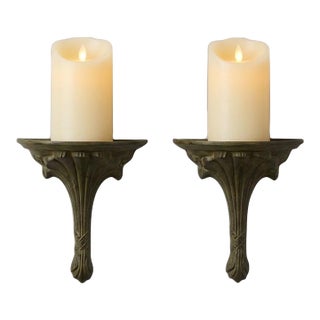 Vintage Antique Bronze Wall Sconces – Set of 2 Art Deco Cast Metal Candle Holders / Pillar Shelves For Sale