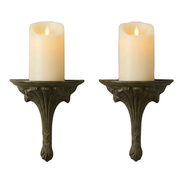 Vintage Antique Bronze Wall Sconces – Set of 2 Art Deco Cast Metal Candle Holders / Pillar Shelves For Sale