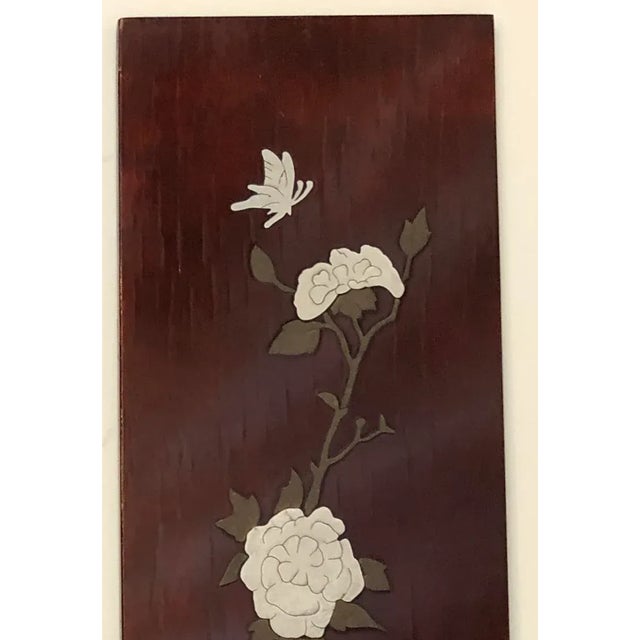 Vintage 1940’s Asian Lacquered Red Mahogany Art Panels With Brass and Tin Flowers and Butterflies Inlay - Set of 2 For Sale In Charlotte - Image 6 of 12