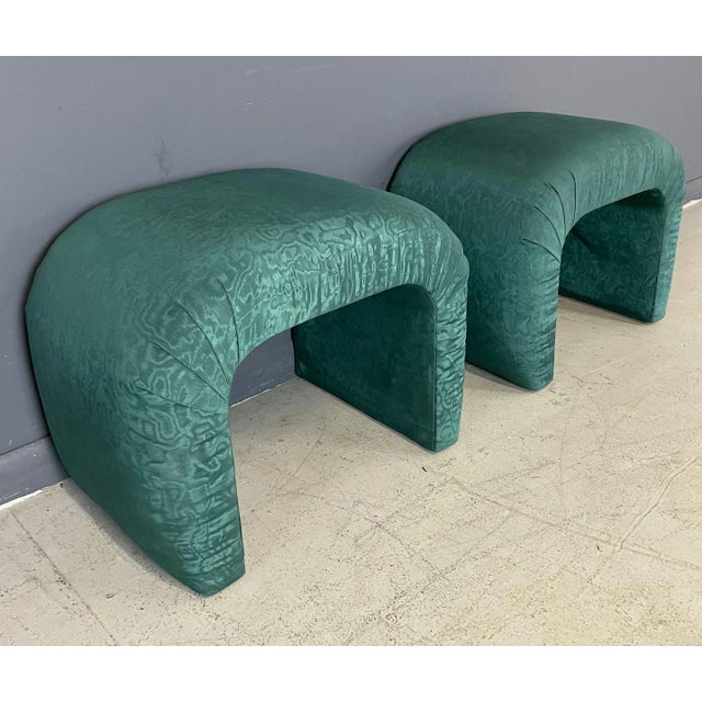 1980s Waterfall Benches in a Green Moire Fabric in the Style of Karl Springer - a Pair For Sale - Image 4 of 7