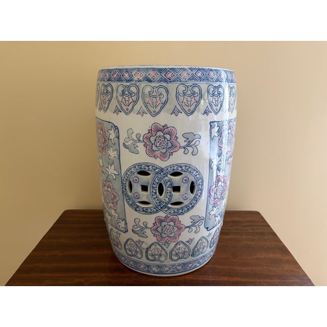 Chinoiserie Floral Blue, White, and Pink Porcelain Garden Stool or Side Table For Sale In South Bend - Image 6 of 7