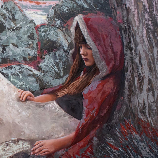 In "Story of Red," a figure clad in a vibrant red hood sits contemplatively against a textured landscape, blending...