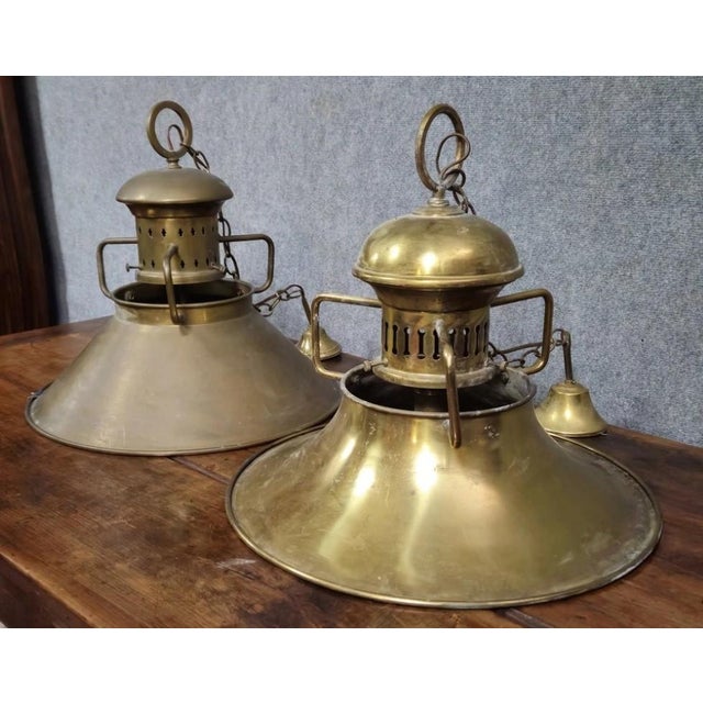 Antique Marine Suspension Lamps in Gilt Brass, 1890s-1910s, Set of 2 For Sale - Image 11 of 11