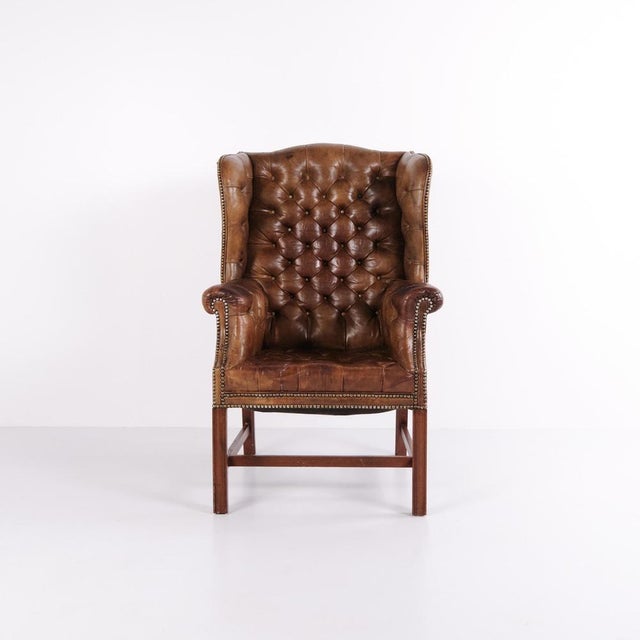 Set of George III Style Wingback Armchair and Ottoman in Brown Leather, 1890s For Sale - Image 3 of 15