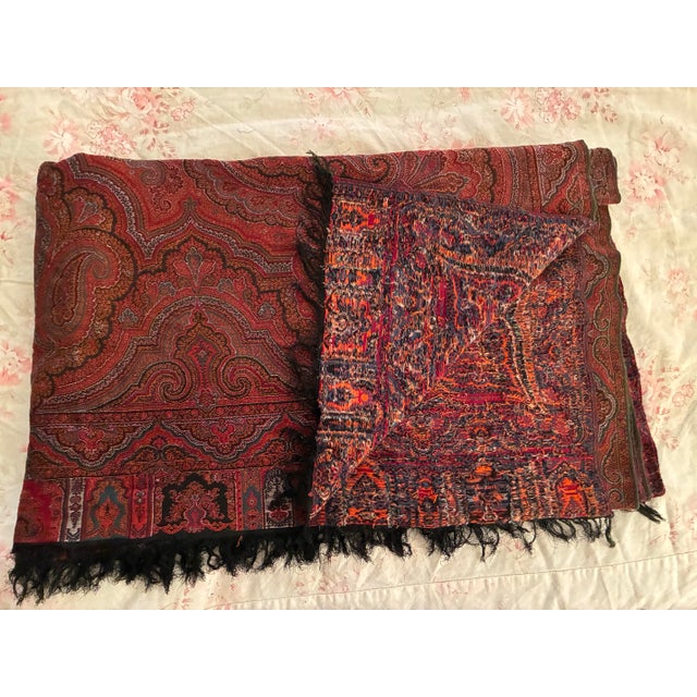 Red Antique Victorian Paisley Piano Shawl 54x132 Kashmir Style Wool Throw Long Textile Tapestry Red Black Boho Decor For Sale - Image 8 of 12
