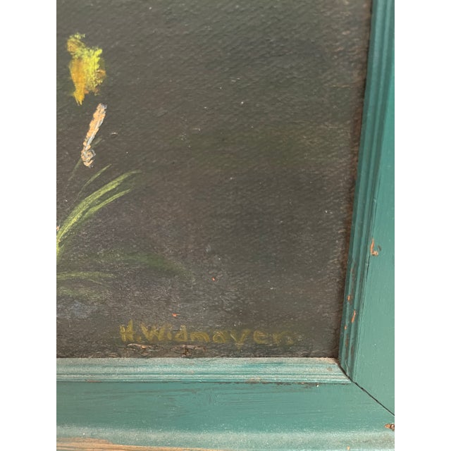 Decorative freestanding reversible painted wood screen or panel, one side depicting tropical birds within a lush landscape...