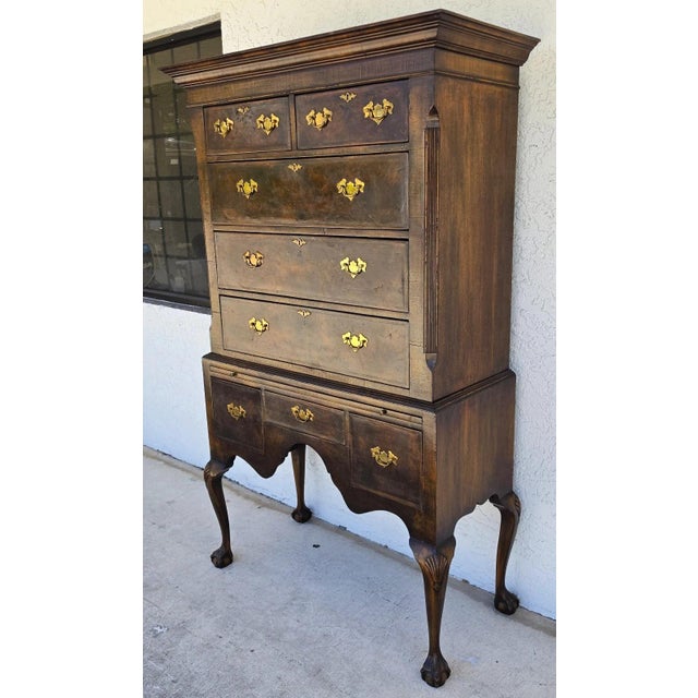 Early 20th Century Antique Walnut Highboy Dresser Desk With Pullout Writing Surface For Sale - Image 5 of 18