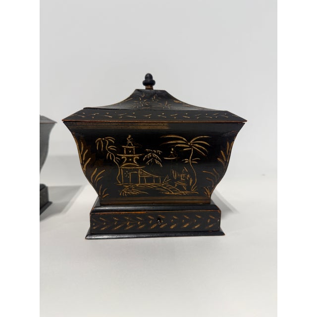 Pair, Japanned Chinoiserie Tea Caddies W/ Sifter Drawers, English C. 1830 For Sale - Image 4 of 12