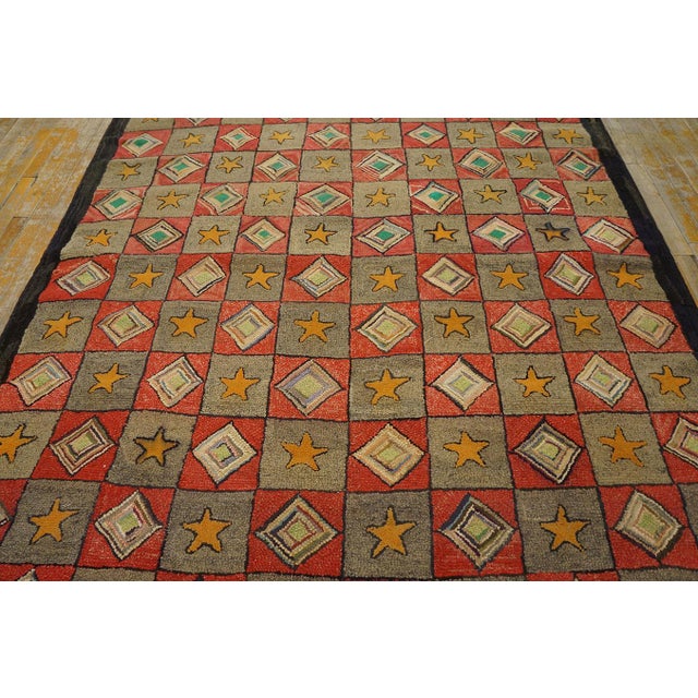 1920s Gray Red Geometric Folk Art Antique American Hooked Rug 6'8" X 7'5" Hand Knotted Wool Carpet For Sale In New York - Image 6 of 15