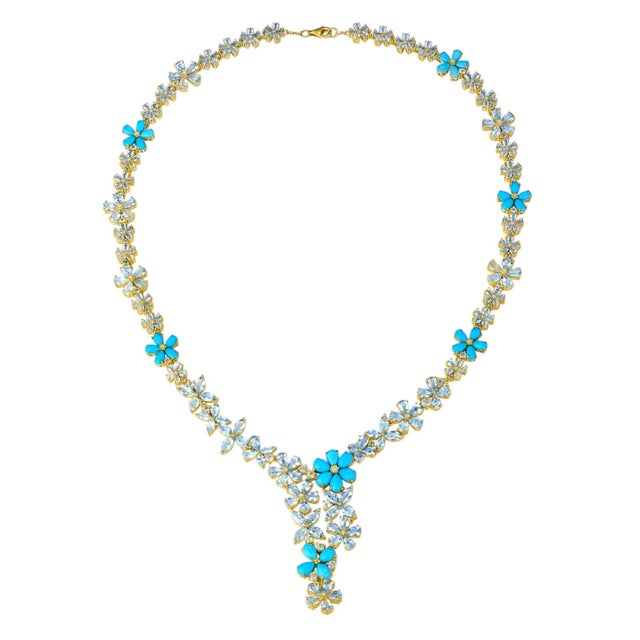Contemporary Nina Zhou Serenity Aquamarine Turquoise Diamond Statement Necklace in 14k Yellow Gold For Sale - Image 3 of 11