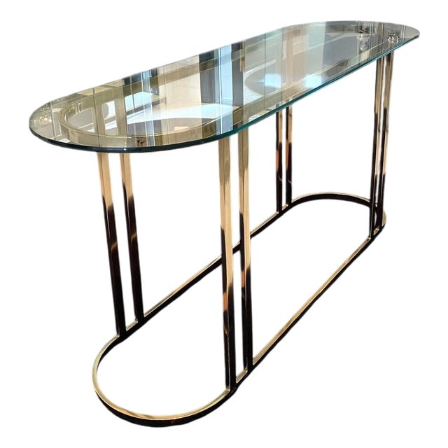 1970s Hollywood Regency Elliptical Brass Console Table For Sale