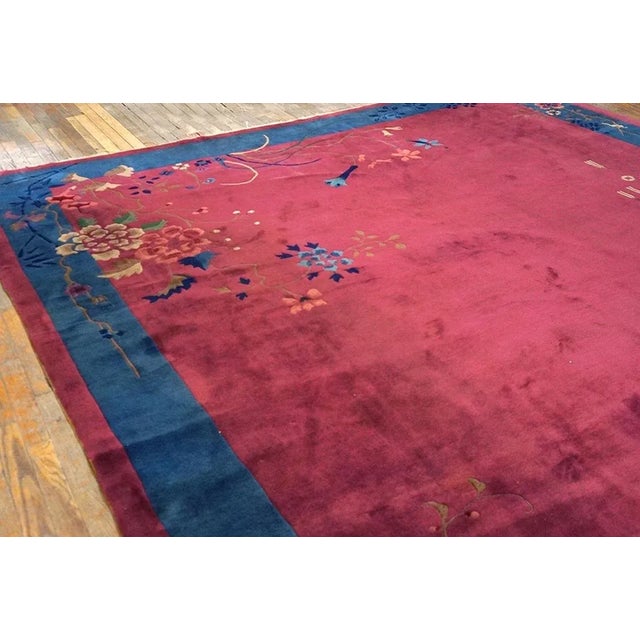 Art Deco 1920s Raspberry Pink Floral Antique Chinese Art Deco Carpet 9'10" X 13'6" Knotted Wool Rug For Sale - Image 3 of 9