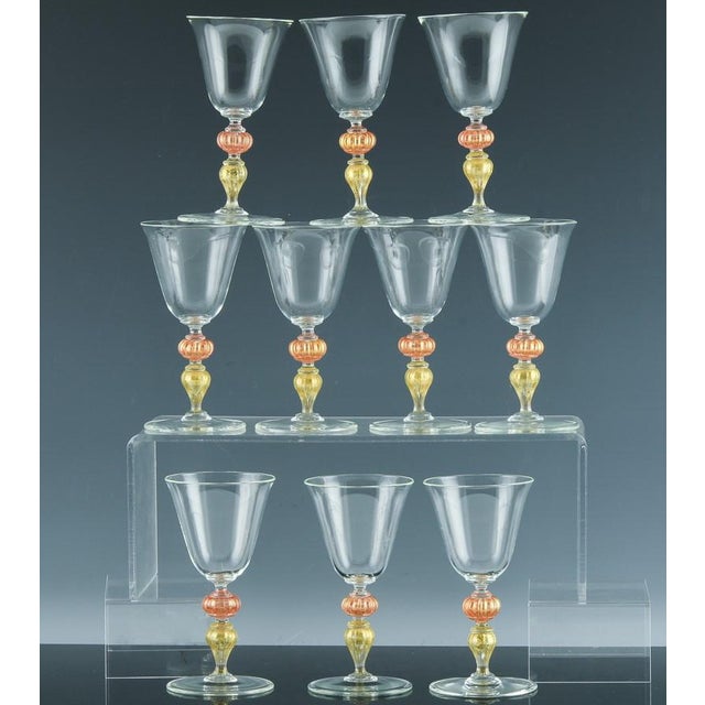 1960s Vintage Murano Glass Champagne Coupes, Peach and Gold-Leaf Ribbed Stems, Set of Ten For Sale - Image 5 of 8