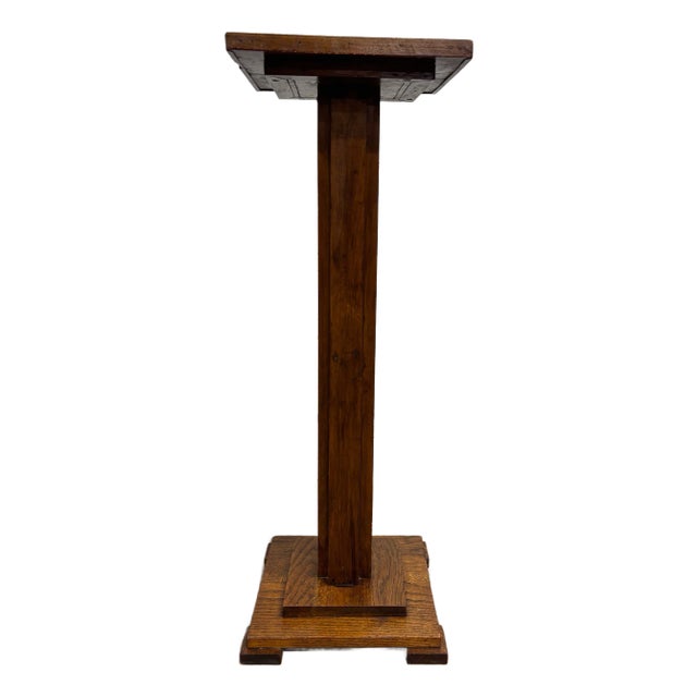 Antique Mission Arts and Crafts Oak Pedestal Plant Stand Statue Pedestal For Sale
