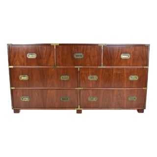 Baker Furniture Signed Campaign Seven Drawer Dresser Chest of Drawers 1950s For Sale