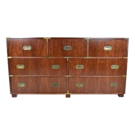 Baker Furniture Signed Campaign Seven Drawer Dresser Chest of Drawers 1950s For Sale